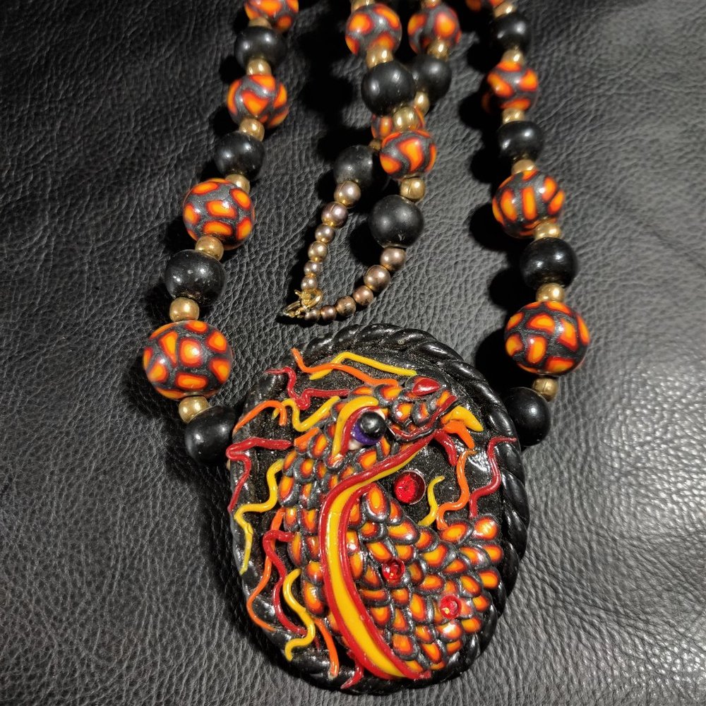Vintage Artisan Fire Dragon Statement Necklace